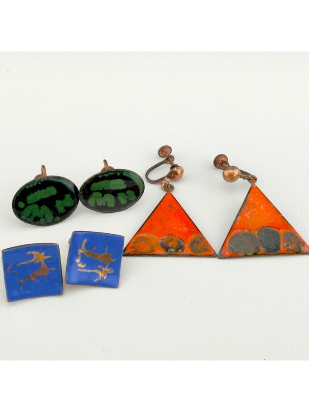 Vintage Copper Enamel Earrings MCM Abstract Geometric Screw Back
